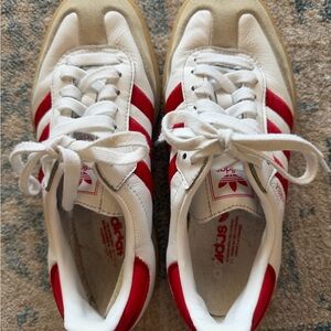 adidas White Sneakers with Red Stripes and Tan Outsole